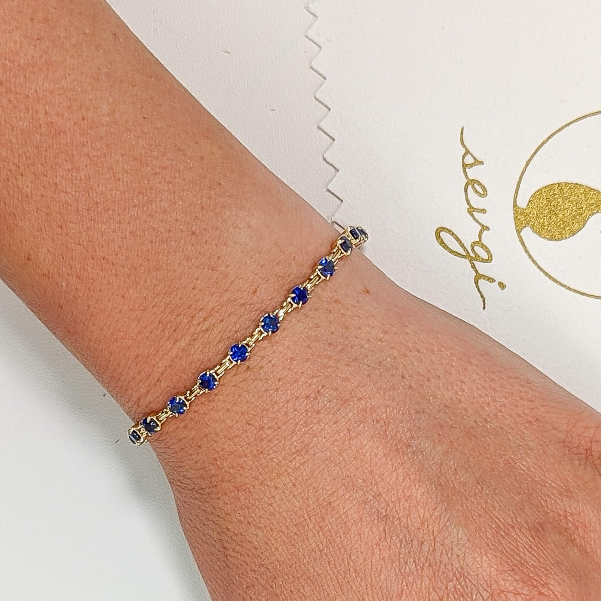 Luxury Jewelry Yellow Gold Round Cut Blue Sapphire Tennis Bracelet For Women