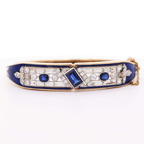 Vintage Art Deco Yellow Gold Emerald Cut Blue Sapphire Bangle Bracelet For Women