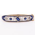Vintage Art Deco Yellow Gold Emerald Cut Blue Sapphire Bangle Bracelet For Women