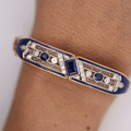 Vintage Art Deco Yellow Gold Emerald Cut Blue Sapphire Bangle Bracelet For Women