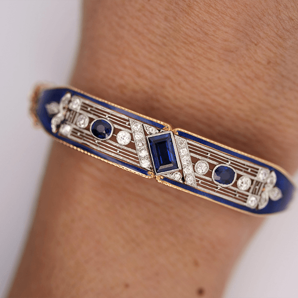 Vintage Art Deco Yellow Gold Emerald Cut Blue Sapphire Bangle Bracelet For Women