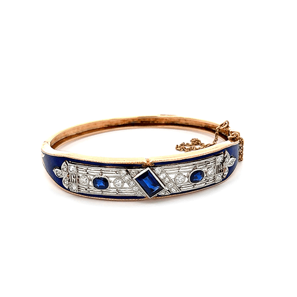 Vintage Art Deco Yellow Gold Emerald Cut Blue Sapphire Bangle Bracelet For Women
