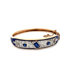 Vintage Art Deco Yellow Gold Emerald Cut Blue Sapphire Bangle Bracelet For Women