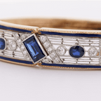 Vintage Art Deco Yellow Gold Emerald Cut Blue Sapphire Bangle Bracelet For Women