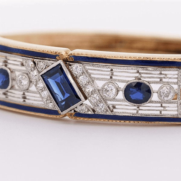 Vintage Art Deco Yellow Gold Emerald Cut Blue Sapphire Bangle Bracelet For Women
