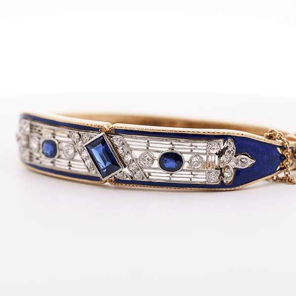 Vintage Art Deco Yellow Gold Emerald Cut Blue Sapphire Bangle Bracelet For Women