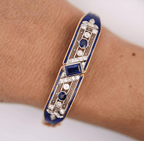 Vintage Art Deco Yellow Gold Emerald Cut Blue Sapphire Bangle Bracelet For Women