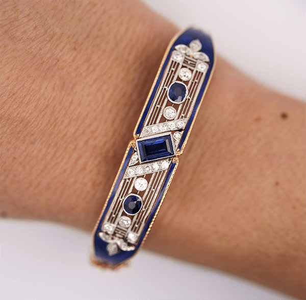 Vintage Art Deco Yellow Gold Emerald Cut Blue Sapphire Bangle Bracelet For Women