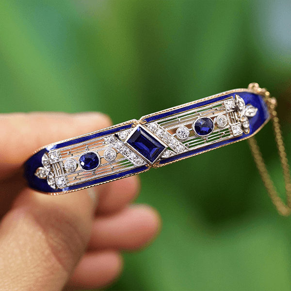 Vintage Art Deco Yellow Gold Emerald Cut Blue Sapphire Bangle Bracelet For Women