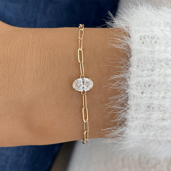 Solitaire Yellow Gold Oval Cut White Sapphire Chain Bracelet For Women