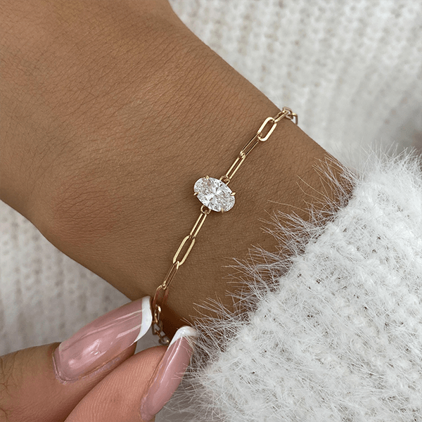 Solitaire Yellow Gold Oval Cut White Sapphire Chain Bracelet For Women