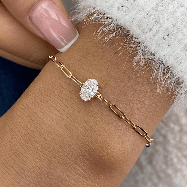 Solitaire Yellow Gold Oval Cut White Sapphire Chain Bracelet For Women