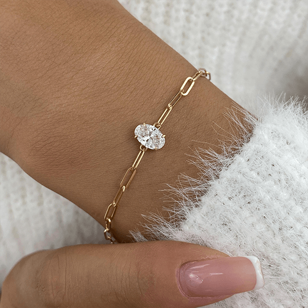 Solitaire Yellow Gold Oval Cut White Sapphire Chain Bracelet For Women