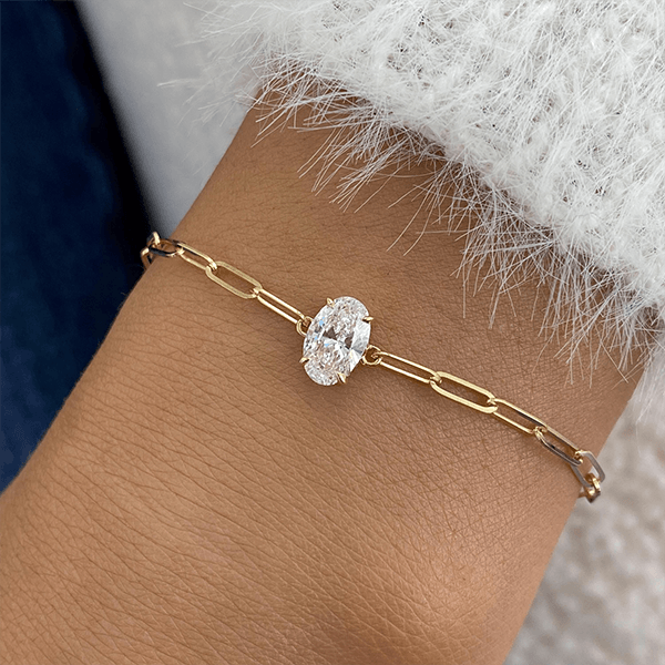 Solitaire Yellow Gold Oval Cut White Sapphire Chain Bracelet For Women