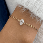 Solitaire Yellow Gold Oval Cut White Sapphire Chain Bracelet For Women