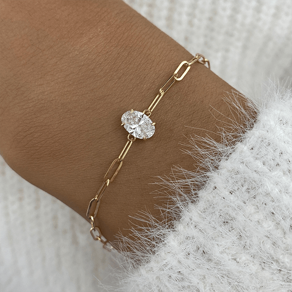 Solitaire Yellow Gold Oval Cut White Sapphire Chain Bracelet For Women