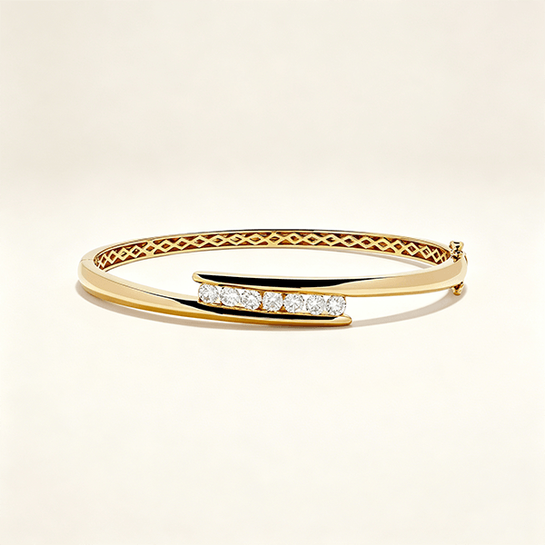 Yellow Gold Channel Setting Round Cut White Sapphire Bangle Bracelet For Women