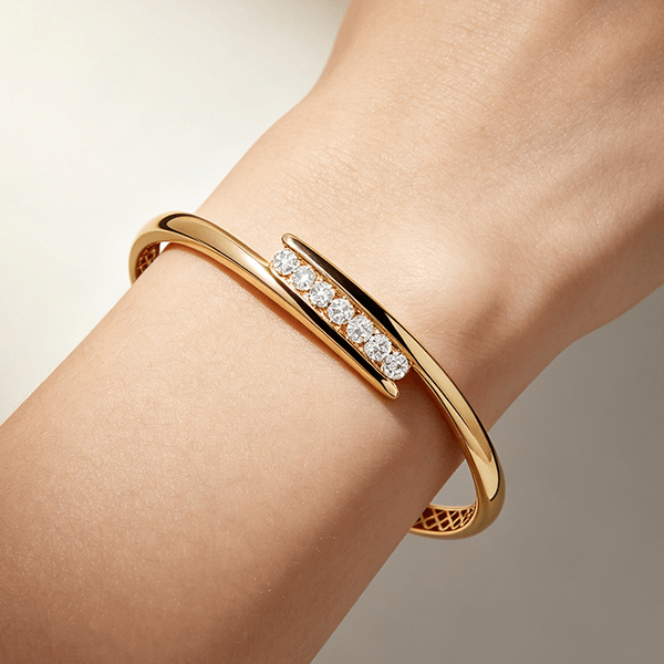 Yellow Gold Channel Setting Round Cut White Sapphire Bangle Bracelet For Women