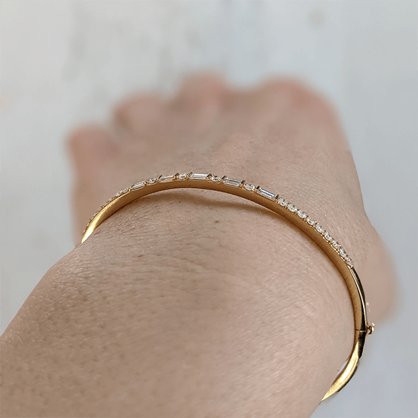 Classic Yellow Gold Baguette & Round Cut White Sapphire Bangle Bracelet For Women