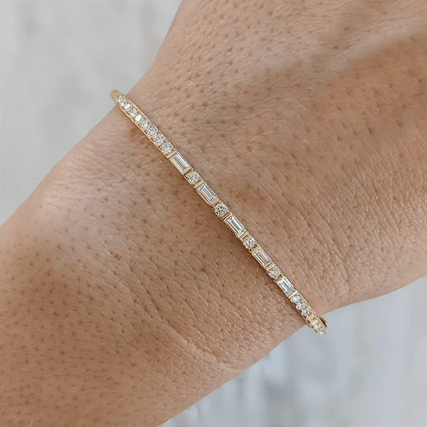 Classic Yellow Gold Baguette & Round Cut White Sapphire Bangle Bracelet For Women