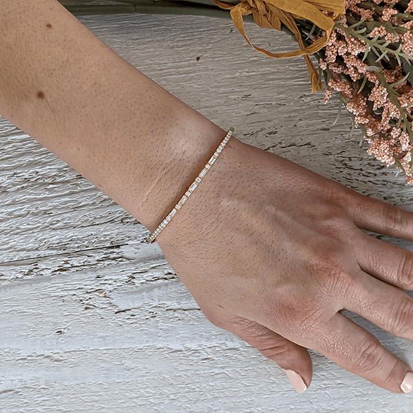 Classic Yellow Gold Baguette & Round Cut White Sapphire Bangle Bracelet For Women
