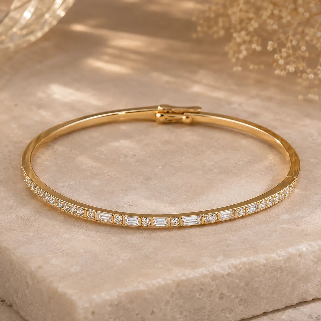 Classic Yellow Gold Baguette & Round Cut White Sapphire Bangle Bracelet For Women