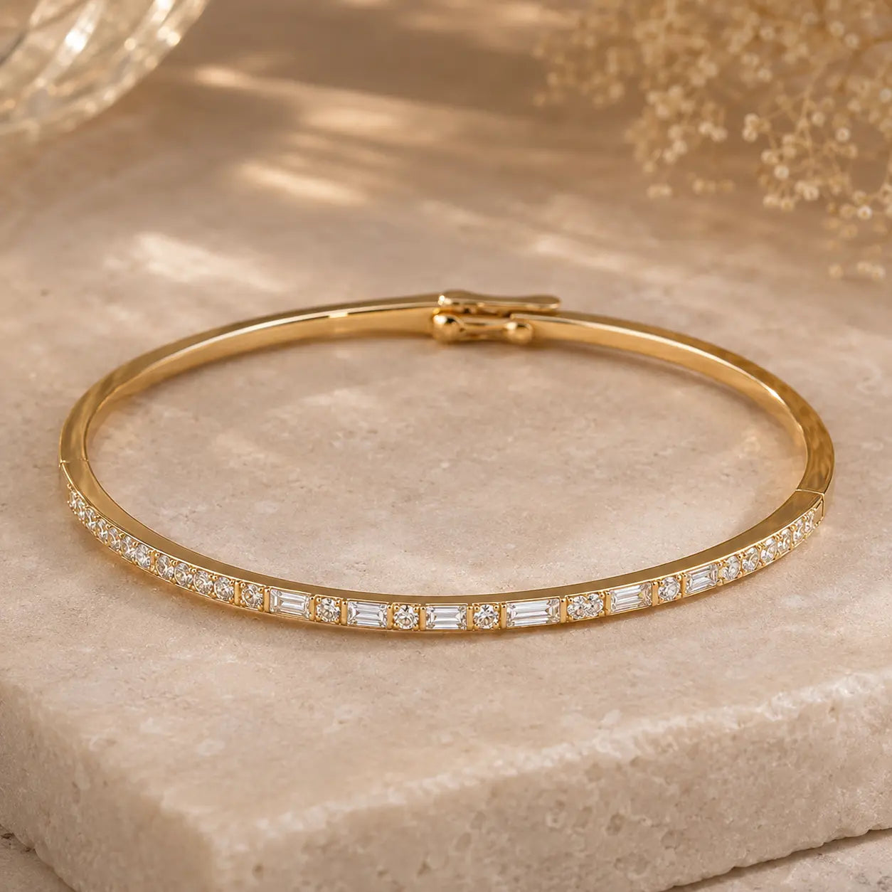Classic Yellow Gold Baguette & Round Cut White Sapphire Bangle Bracelet For Women