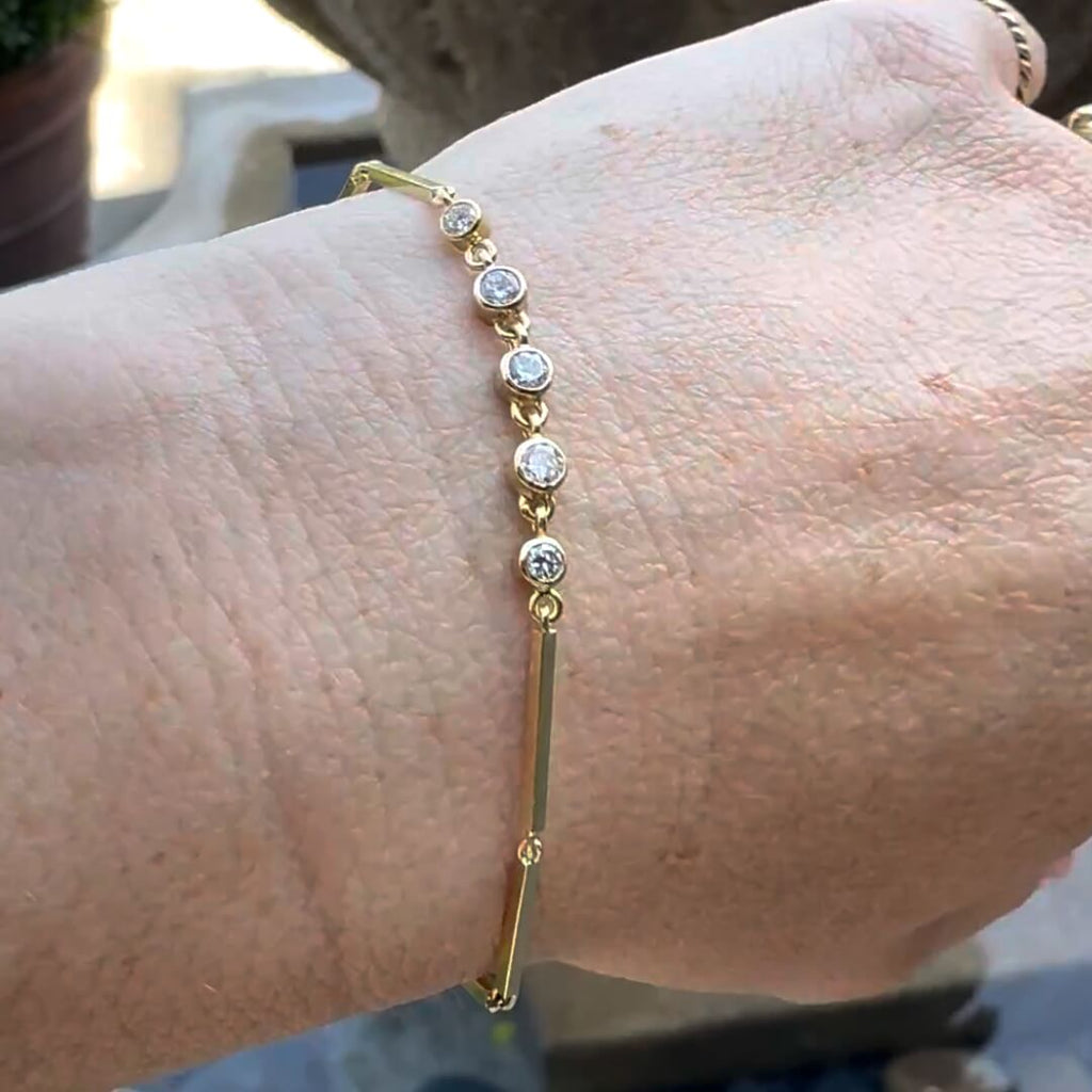 Classic Yellow Gold Bezel Round Cut White Sapphire Chain Tennis Bracelet For Women