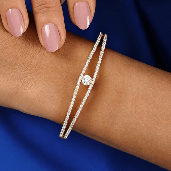 Elegant Yellow Gold Round Cut White Sapphire Bangle Bracelet For Women