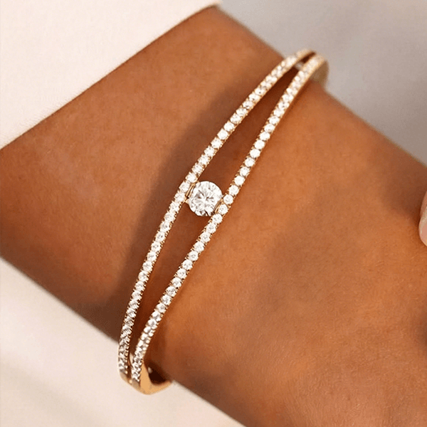 Elegant Yellow Gold Round Cut White Sapphire Bangle Bracelet For Women