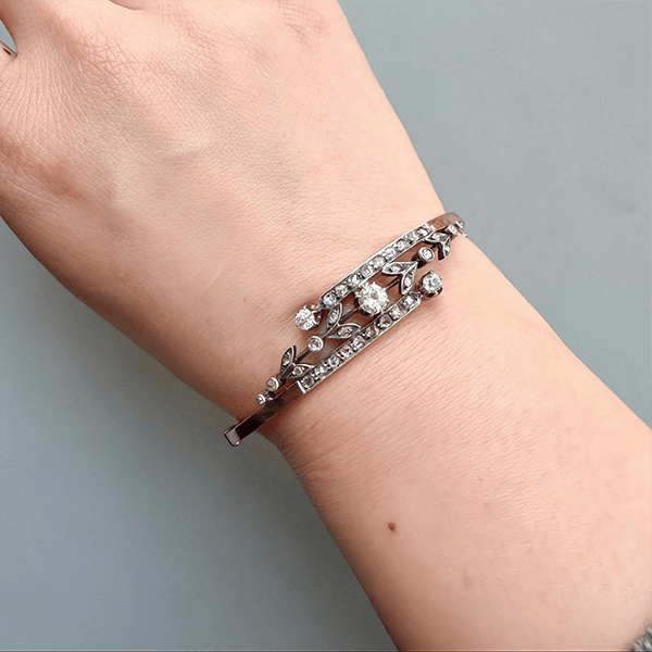 Two Tone Vintage Round Cut White Sapphire Bangle Bracelet For Women