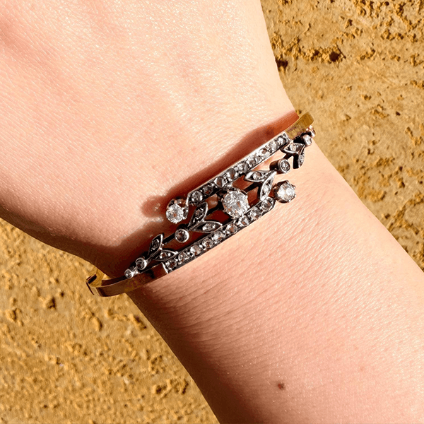 Two Tone Vintage Round Cut White Sapphire Bangle Bracelet For Women