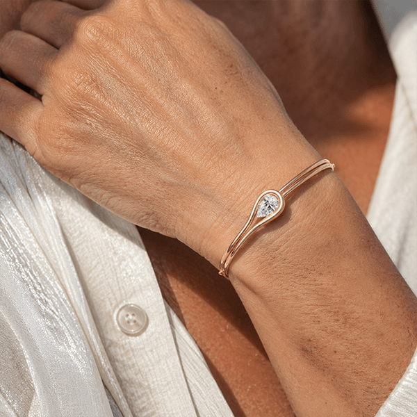 Unique Design Yellow Gold Solitaire Split Shank Pear Cut White Sapphire Bangle Bracelet For Women