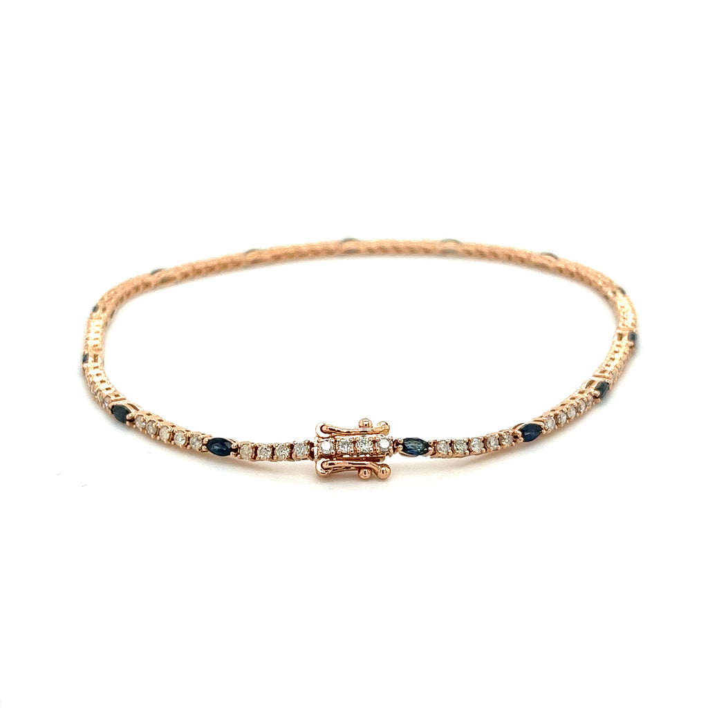 Classic Yellow Gold Marquise & Round Cut Blue & White Sapphire Tennis Bracelet For Women