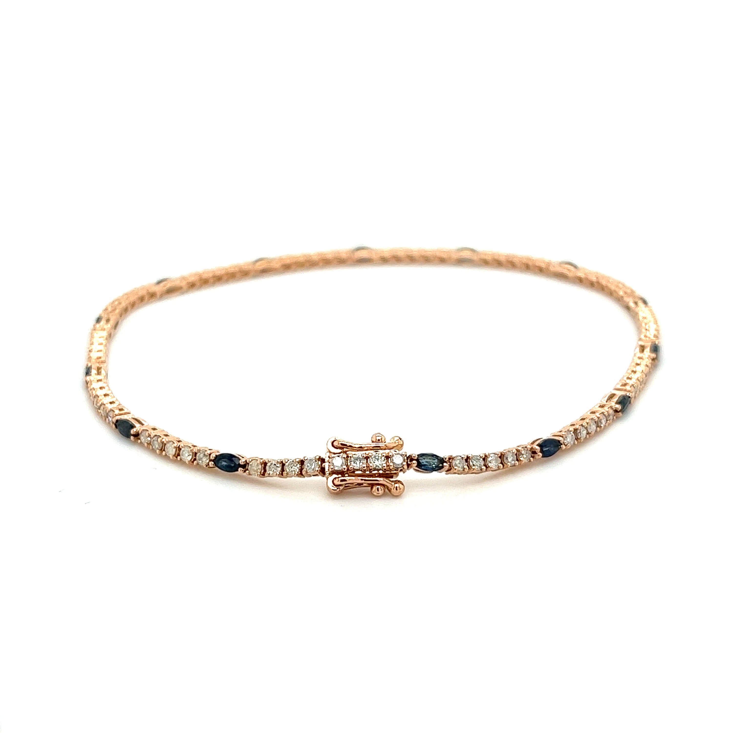 Classic Yellow Gold Marquise & Round Cut Blue & White Sapphire Tennis Bracelet For Women