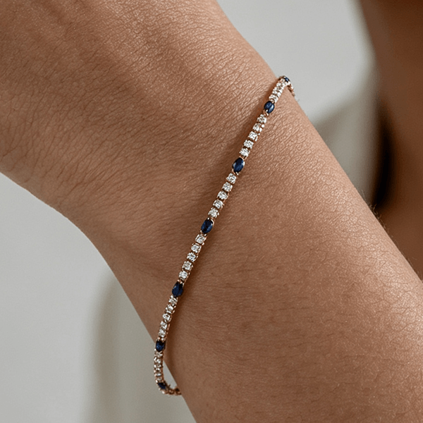 Classic Yellow Gold Marquise & Round Cut Blue & White Sapphire Tennis Bracelet For Women