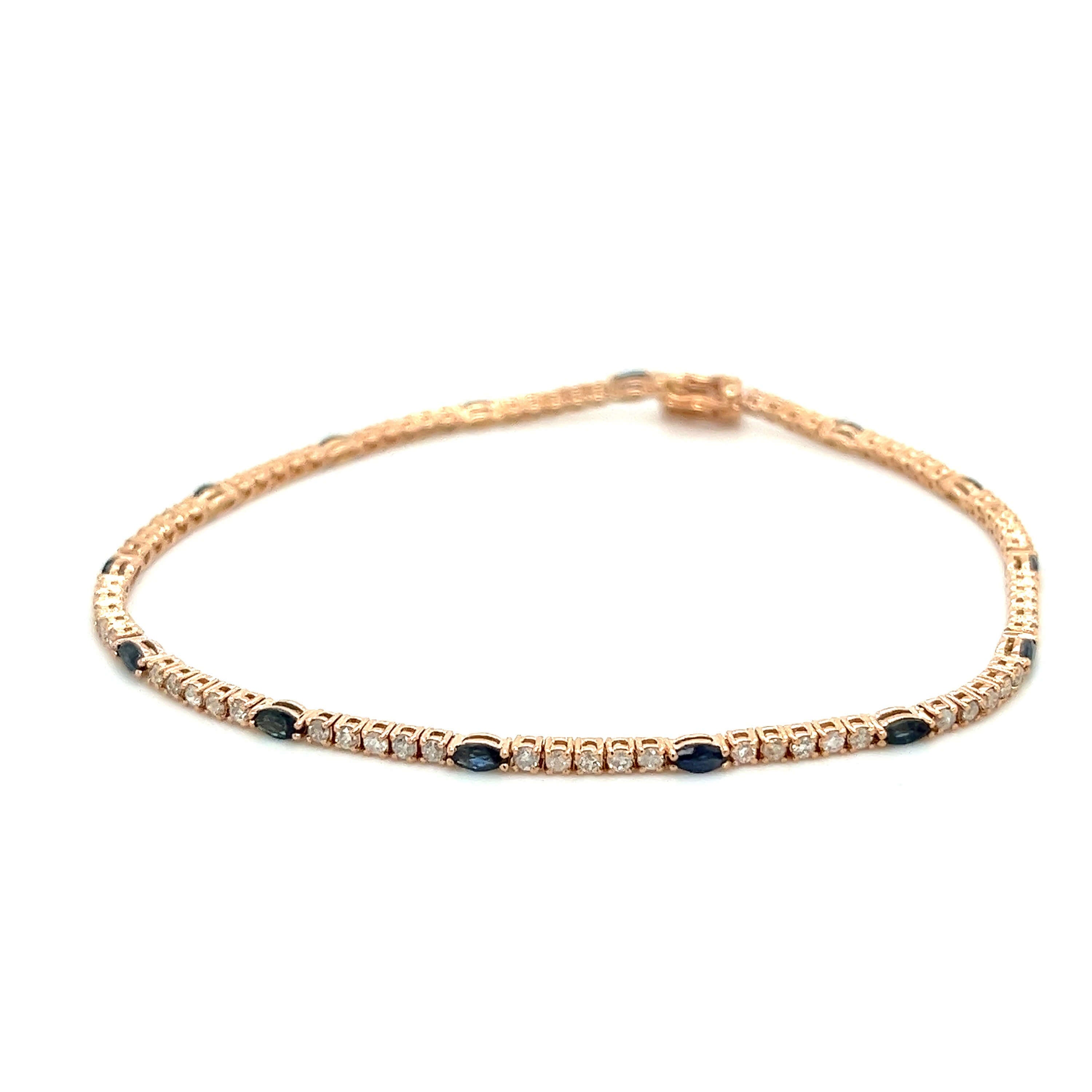 Classic Yellow Gold Marquise & Round Cut Blue & White Sapphire Tennis Bracelet For Women