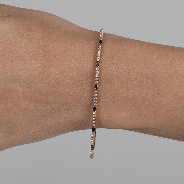 Classic Yellow Gold Marquise & Round Cut Blue & White Sapphire Tennis Bracelet For Women