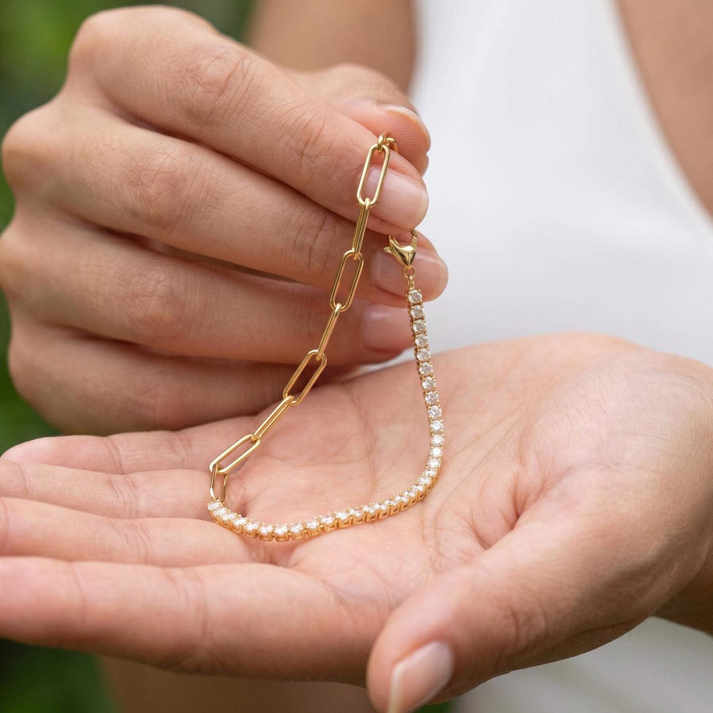 Fashion Yellow Gold Round Cut White Sapphire Minimalist Chain Tennis & Paper Clip Bracelet For Women