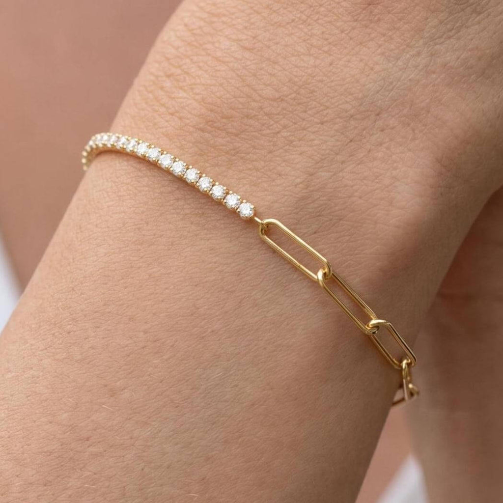 Fashion Yellow Gold Round Cut White Sapphire Minimalist Chain Tennis & Paper Clip Bracelet For Women