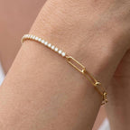 Fashion Yellow Gold Round Cut White Sapphire Minimalist Chain Tennis & Paper Clip Bracelet For Women