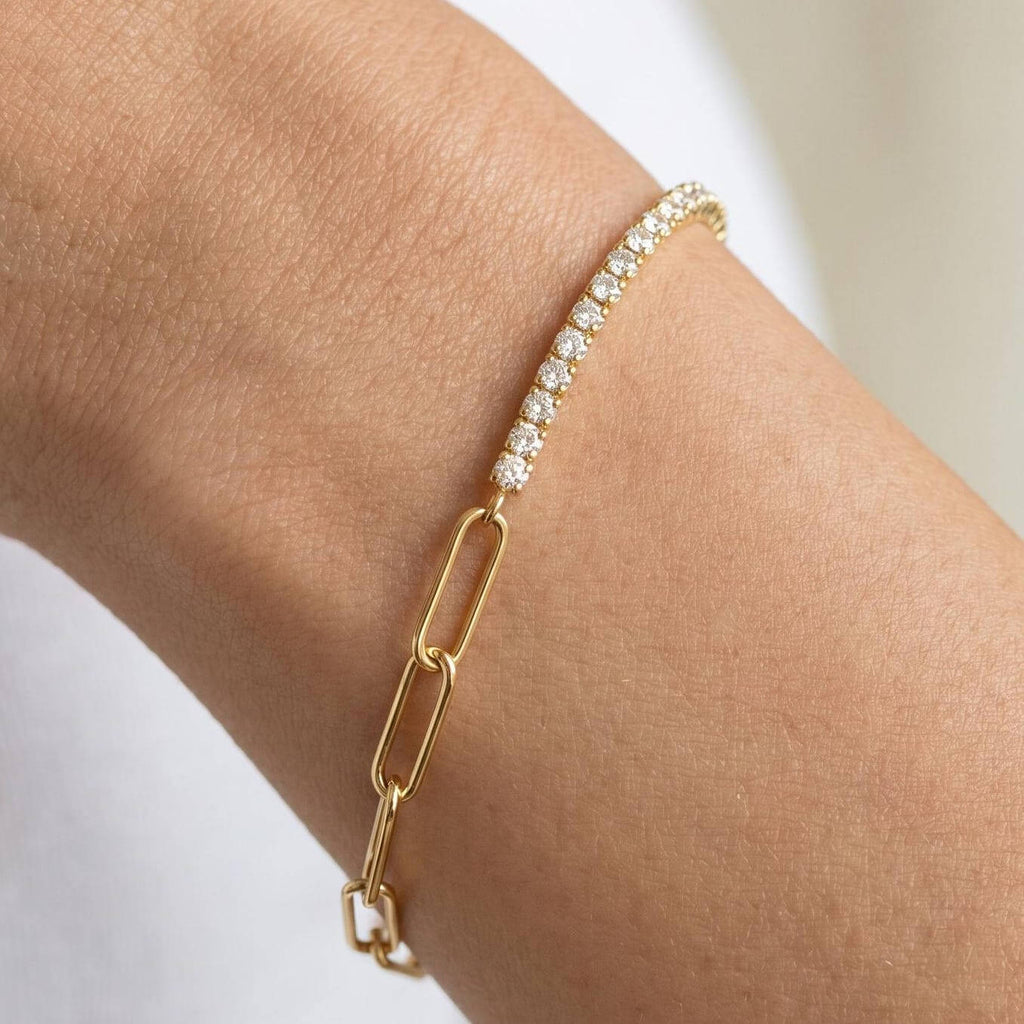 Fashion Yellow Gold Round Cut White Sapphire Minimalist Chain Tennis & Paper Clip Bracelet For Women