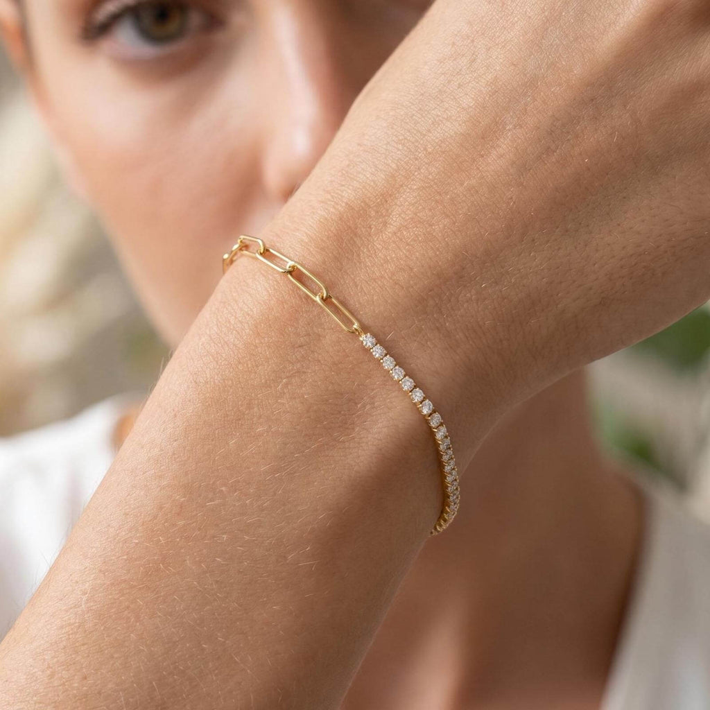Fashion Yellow Gold Round Cut White Sapphire Minimalist Chain Tennis & Paper Clip Bracelet For Women