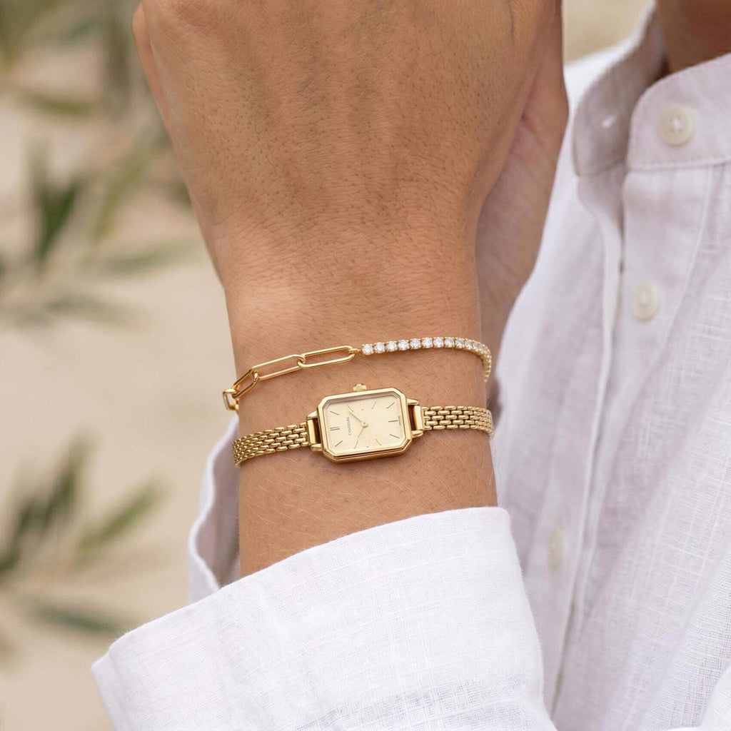 Fashion Yellow Gold Round Cut White Sapphire Minimalist Chain Tennis & Paper Clip Bracelet For Women