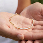 Fashion Yellow Gold Round Cut White Sapphire Minimalist Chain Tennis & Paper Clip Bracelet For Women