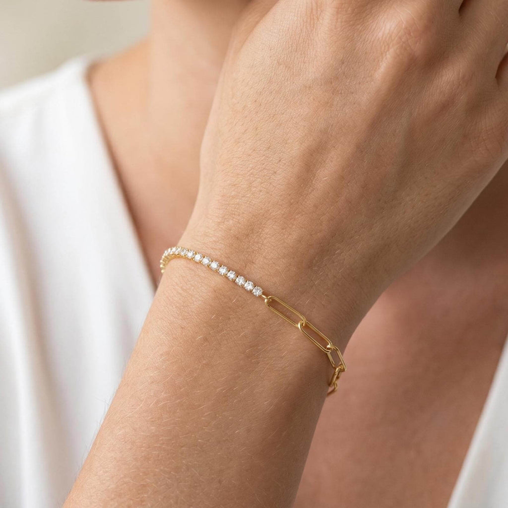 Fashion Yellow Gold Round Cut White Sapphire Minimalist Chain Tennis & Paper Clip Bracelet For Women