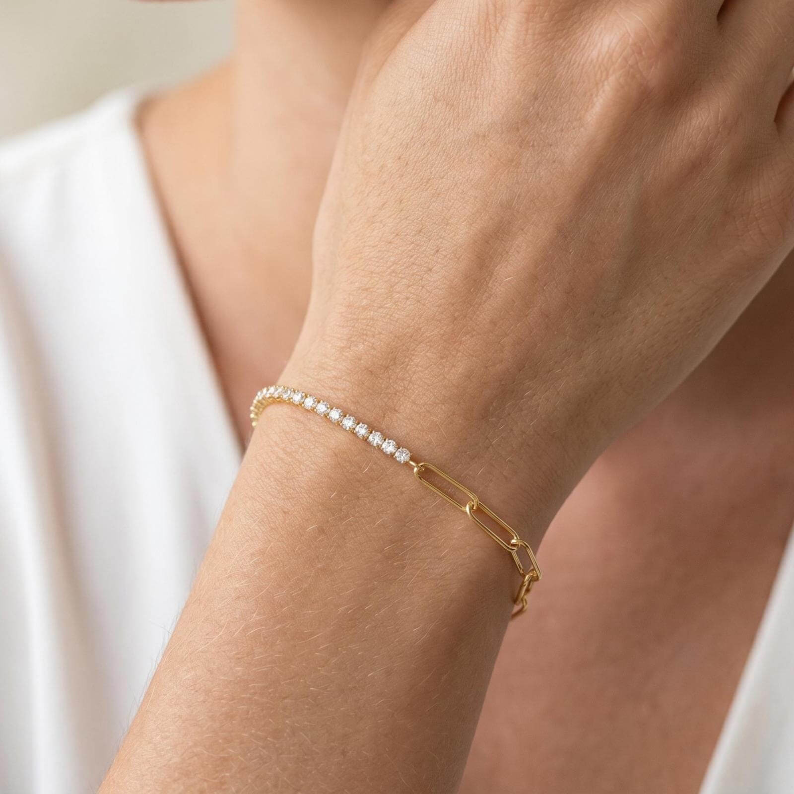 Fashion Yellow Gold Round Cut White Sapphire Minimalist Chain Tennis & Paper Clip Bracelet For Women