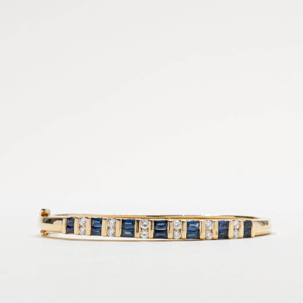 Yellow Gold Art Deco Baguette & Round Cut Blue Sapphire Bangle Bracelet For Women