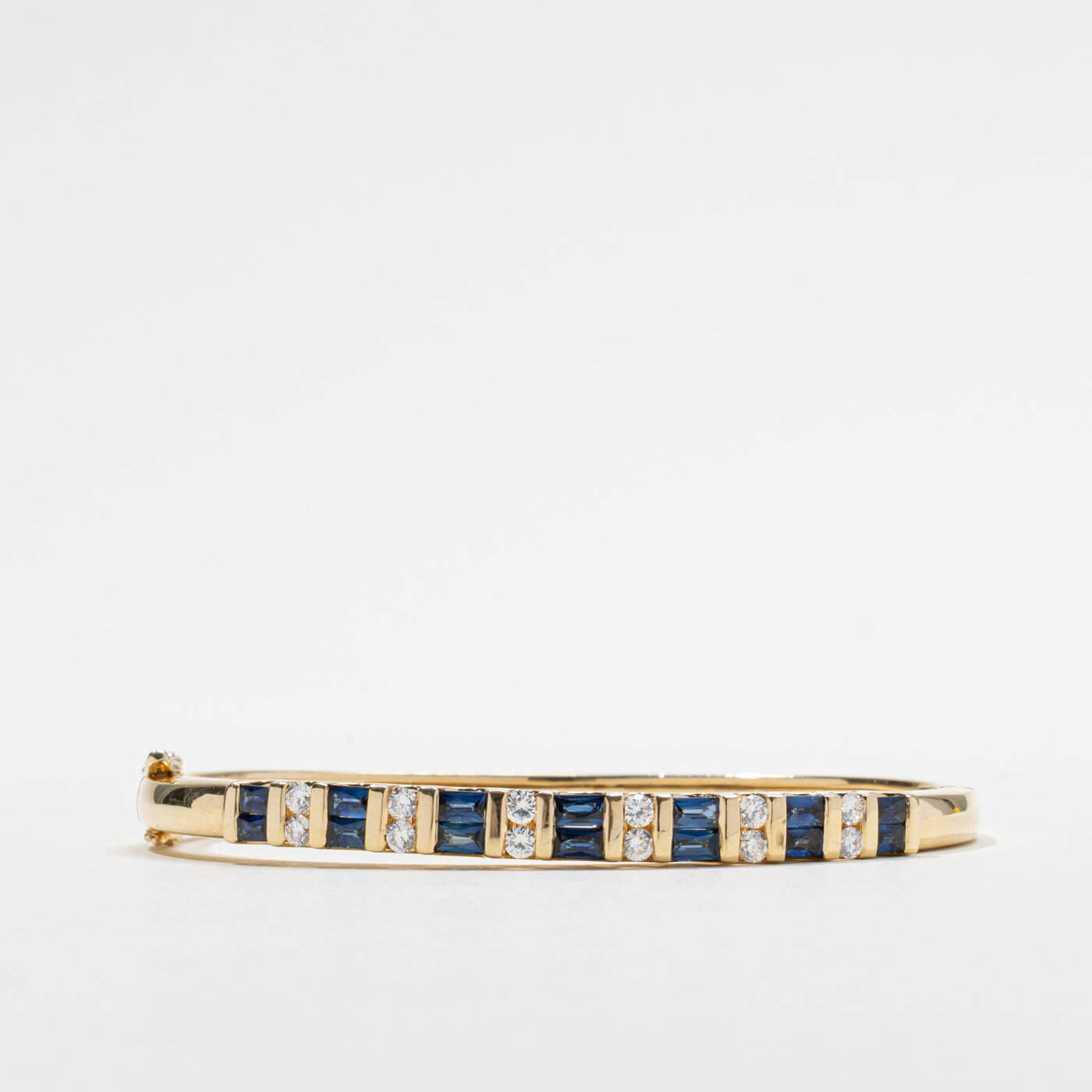 Yellow Gold Art Deco Baguette & Round Cut Blue Sapphire Bangle Bracelet For Women