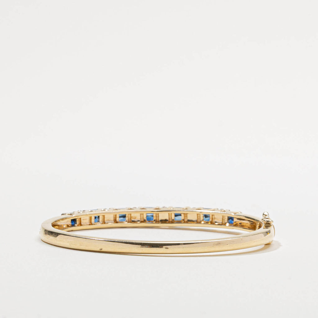 Yellow Gold Art Deco Baguette & Round Cut Blue Sapphire Bangle Bracelet For Women